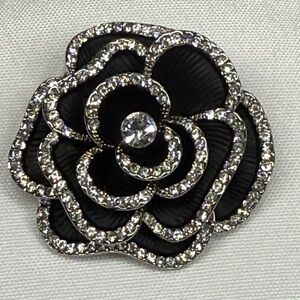 Camellia Flower Black Brooch with Rhinestones